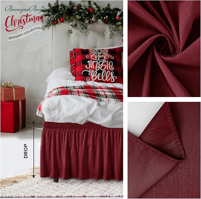 Biscaynebay Wrap Around Bed Skirts for Queen Beds 17" Long Drop, Burgundy Adjustable Elastic Dust Ruffles Easy Fit Wrinkle & Fade Resistant Silky Luxurious Fabric Solid Machine Washable