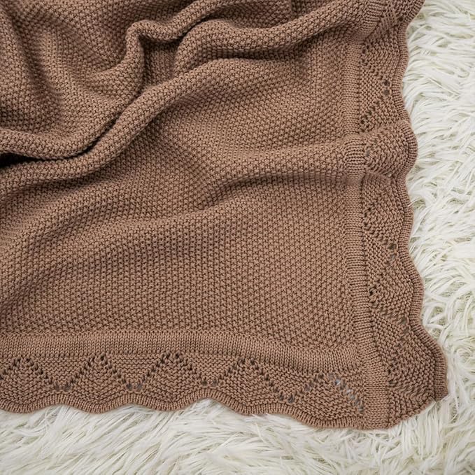 Baby Knit Blanket Soft Breathable Cotton Scallop Border Blankets Newborn Knitted Blanket Swaddle Blankets Gifts for Baby Newborn Toddler Shower Boy Girl New Mom Birthday Christmas Mocha 30x30