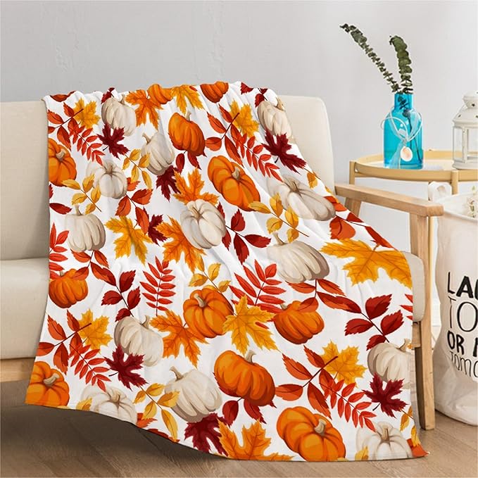 Fall Throw Blanket - Pumpkin Maple Leaf Autumn Blanket - Thanksgiving Fall Decor Gift - Ultra Plush Cozy Lightweight Thanksgiving Pumpkin Blanket for Sofa,Bed,Couch - 60"x80"-Adults/Twin Size