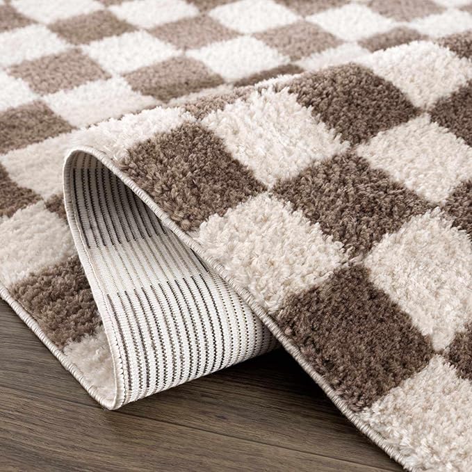 Hauteloom Canika Modern Checkered High Pile Area Rug - Contemporary Geometric Carpet for Living Room, Bedroom - Machine Washable Area Rug - Peach, Dark Brown - 6'7" x 9'