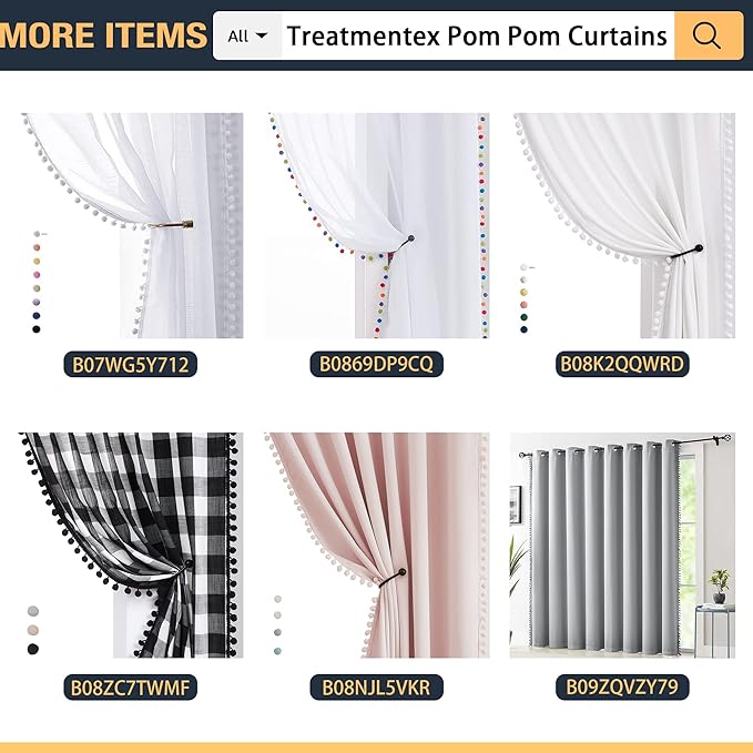 Treatmentex White Sheer Curtains Black Pompoms 63" inches Long Window Draperies for Boy's Room Bed Canopy 2 Panels Rod Pocket