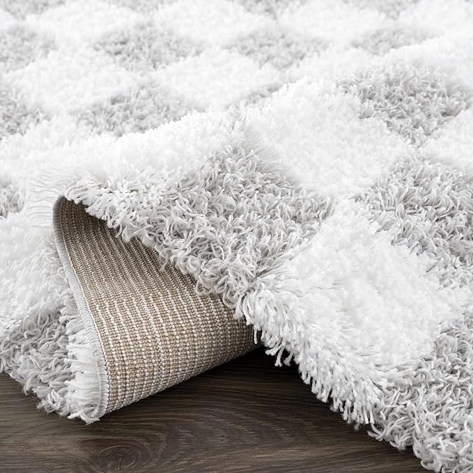 Hauteloom Atira Contemporary Checkered Fluffy Shag Area Rug - Modern Geometric Carpet Tiles for Living Room, Kids Room, Nursery - Plush Pile - Gray, Cream, White - 6'7" x 9'6"