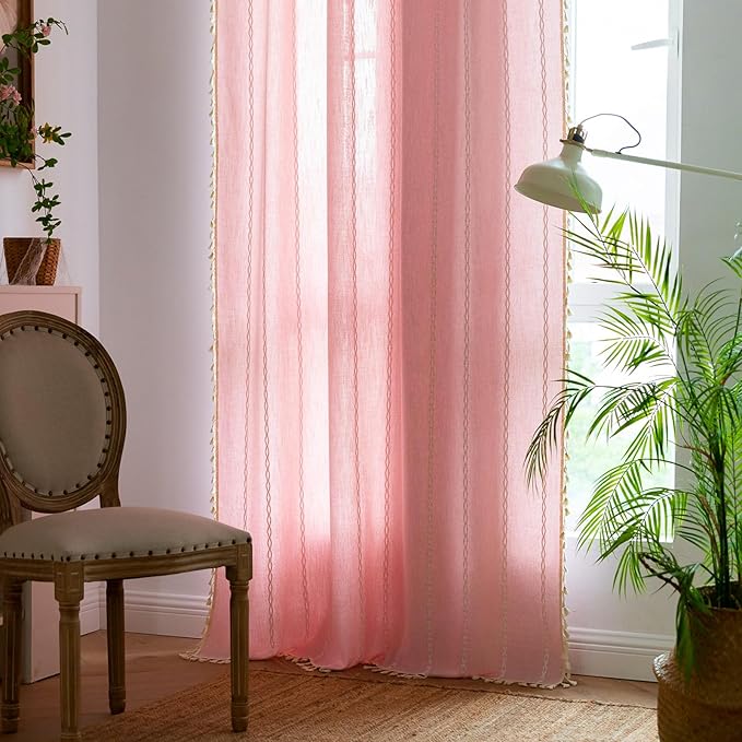 Deeprove Pink Boho Curtains 72 inches Length, Vintage Bohemian Embroidery Farmhouse Cotton Linen Fringe Window Treatments Girl Nursery Bedroom Living Room Dinging Room Decor, W52 x L72, 1 Panel