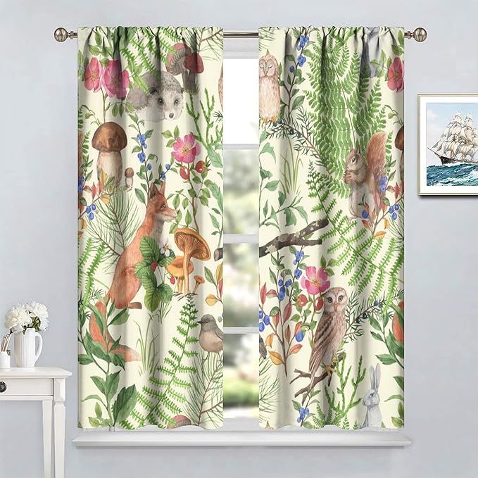 Forest Animal Curtains, Kids Rustic Wild Animal Window Treatments Watercolor Cute Woodland Fox Hedgehog Window Drapes for Nursery Toddler Bedroom 52x84in