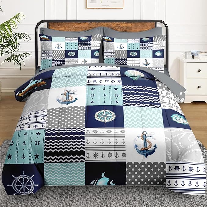7 Pcs King Size Comforter Set with 2 Pillowcases & 2 Shams, Nautical Blue Marine Summer Bedding for Kids and Adults, Sea Ocean Boat Plaid Bed in a Bag with Flat Fitted Sheet