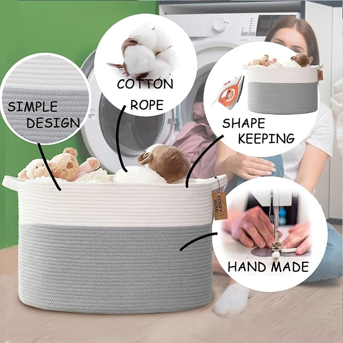 COMFY-HOMI XXXL Large Laundry Basket, Cotton Rope Nursery Woven Basket for Storage, Blanket Baskets Living Room Laundry Hamper, Dog Toy Storage Organizer, Home Decor-21''x21''x13.6''-White/Grey