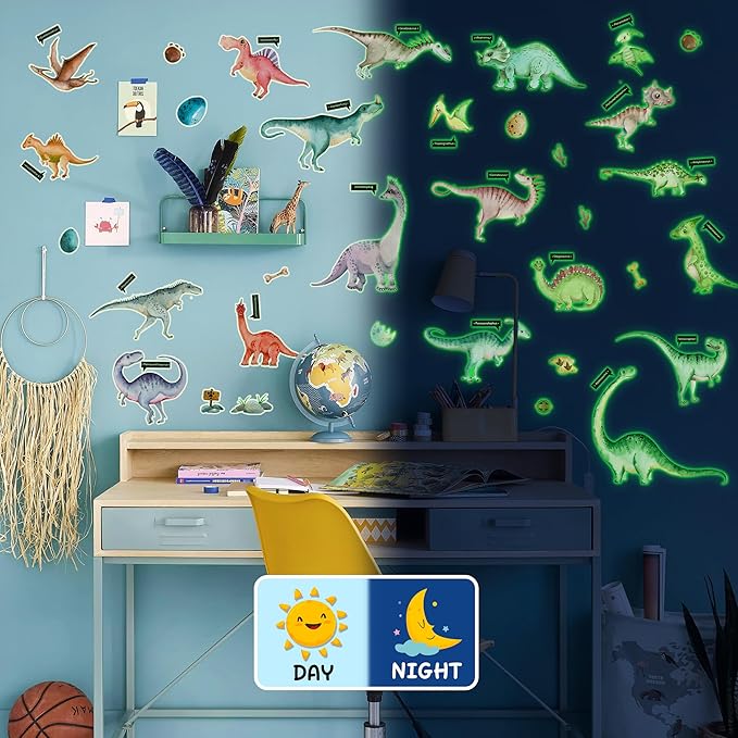 Glow in The Dark Dinosaur Wall Decals, Glowing Stickers for Ceiling, Boys Bedroom Decoration, Large Luminous Removable Dinosaur Wall Decor for Nursery, Kids Birthday Gift