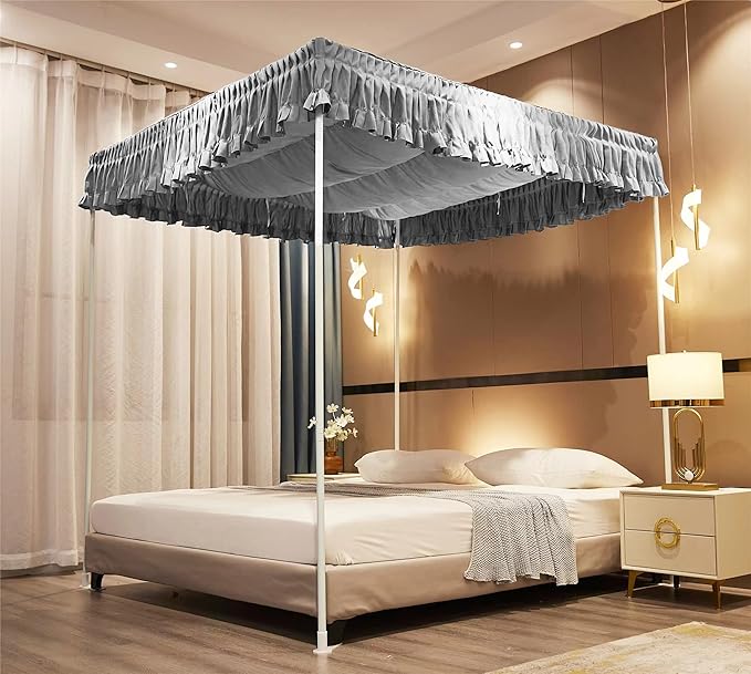 VETHIN Elastic Roof Style Four Corner Post Princess Bed Canopy Curtains Cozy Breathable Tent Canopy Mosquito Net for Girls & Adults Bedroom Decoration (Grey, 70-78" W*86" L*82"*H/(King))