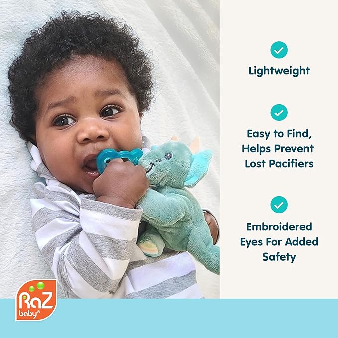 RaZbaby JollyPop Pacifier, Holder w/Detachable Baby Pacifier, Stuffed Animal RaZbuddy, All Ages 0M+, Machine Washable, Textured & Easy to Hold – Elephant