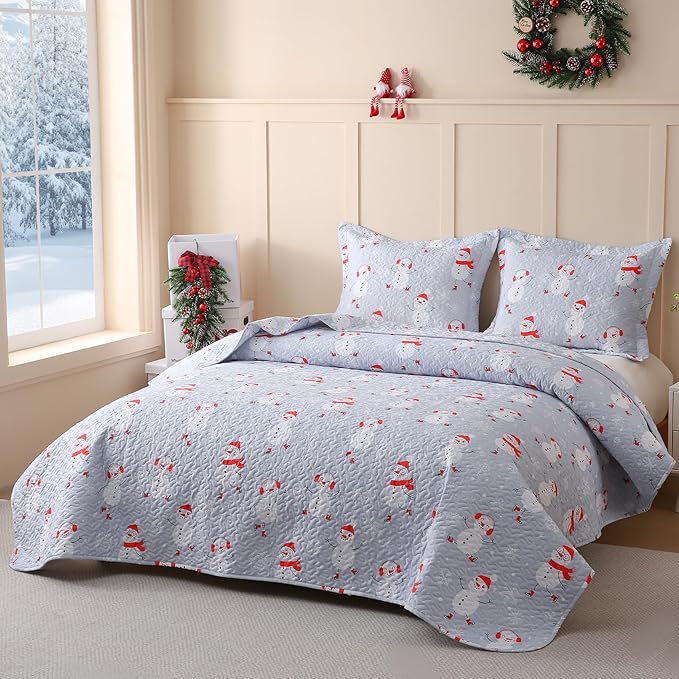 JSD Blue Snowman Christmas Kids Quilt Set Full/Queen, 3 Pcs Christmas Beddings Soft Microfiber Bedspread Coverlet Holiday Quilted Blanket