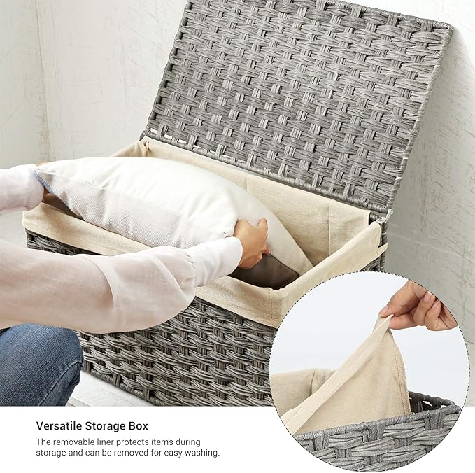SONGMICS Storage Basket with Lid, 17.2 Gallon (65L) Storage Bin, Woven Blanket Storage Basket with Handles, Foldable, Removable Liner, Metal Frame, for Bedroom, Laundry Room, Gray URST56WG