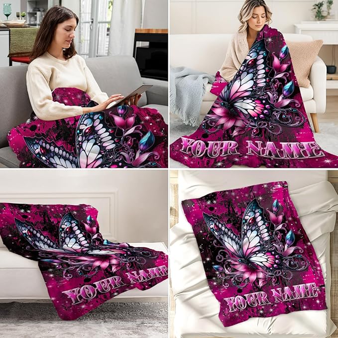 Personalized Toddler Blanket Gifts - 30" x 40" Custom Butterfly Throw Blankets for Girls, Kids - Plush Fuzzy Throws Stuff for Sofa, Crib