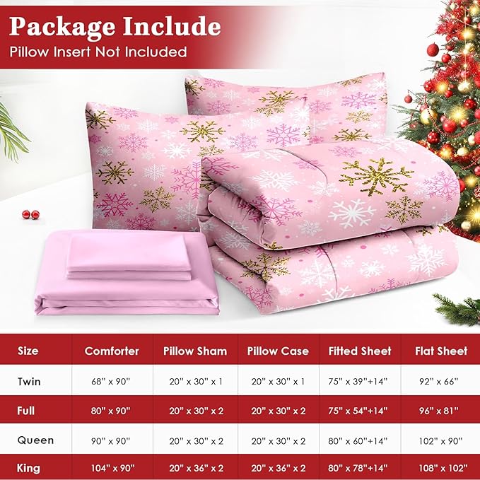 7 Pcs Queen Size Christmas Comforter Set with 2 Pillowcases & 2 Shams, Pink Winter Snowflake Bedding for Kids and Adults, Funny Sparkle Farm Bed in a Bag with Flat Fitted Sheet