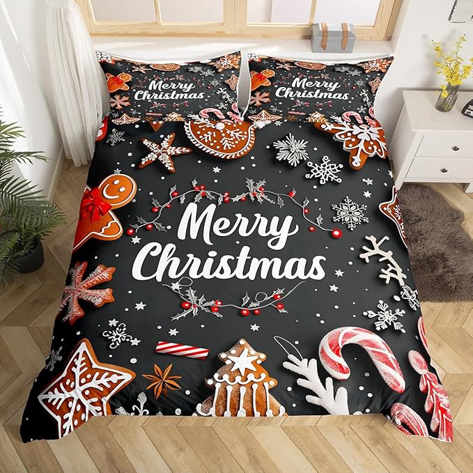 Manfei Christmas Bedding Set 3pcs for Kids Girls Red Cartoon Gingerbread Man Printed Comforter Cover Festival Duvet Cover Set Microfiber Bedspread Cover with 2 Pillow Cases(No Comforter) Full Size
