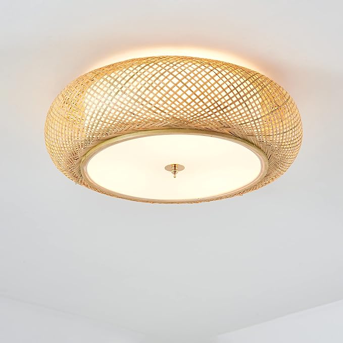 Bamboo Flush Mount Ceiling Light Handwoven Rattan Light Fixture, 3 Lights Boho Ceiling Lamp for Bedroom, Kitchen, Nursery (19-inch)