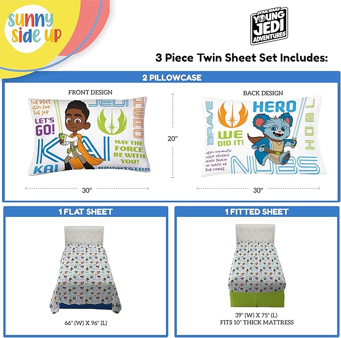 Star Wars Young Jedi Adventures Twin Sheet Set - 3 Piece Kids Bedding Set Includes Pillow Cover - Super Soft Yoda Microfiber Sheets