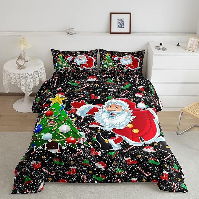 Feelyou Merry Christmas Comforter Set Santa Claus Christmas Tree Galaxy Red Black Bedding Quilt,Soft Warm Lightweight,Twin Size for Girls Boys Kids 1 Comforter + 1 Pillow Case Boys