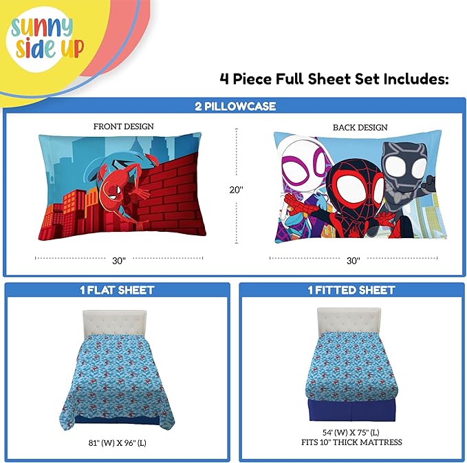 Sunny Side Up Kids Sheet Set Includes Sheets and Pillow Cover - 100% Microfiber Bedding and Room Decor, Blue - Spiderman, 4 Piece Full