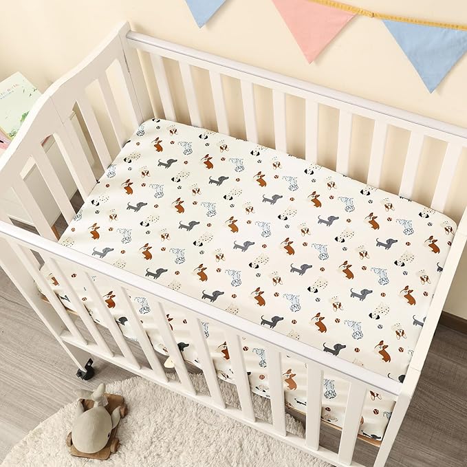 PHF 3 Pack Soft Mini Crib Sheets, Pet Dogs Pack N Play Sheets for Baby Boys Girls, No Slip Universal Fit for Pack N Play, Playard, Portable and Mini Crib Mattresses, Pet Dogs