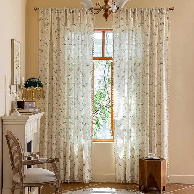 ENJOYBRIDAL White Floral 96 Inch Curtains 2 Panel Set Bedroom Tassel Drapes Boho Decor Semi Sheer Long Window Curtain Panels Living Room Rod Pocket Patterned Cute Rustic Window Treatments
