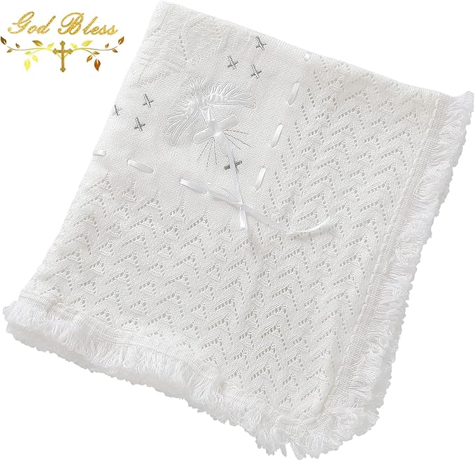 Booulfi Baby Christening Blanket Newborn White Baby Blanket Shawl Neutral Knitted Baptism Blankets for Babies Fleece Lined Winter Warm Blankets,Size 37x39 “