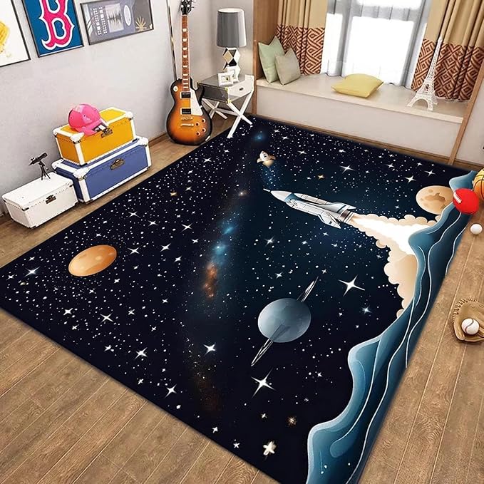 Space Children's Play Rug,3x5ft,Solar System Planet Rocket Play Mat Rug, Suitable for Boys and Girls, Home Decor,Educational Learning Play Area Rug,Suitable for Children's Bedroom Playroom