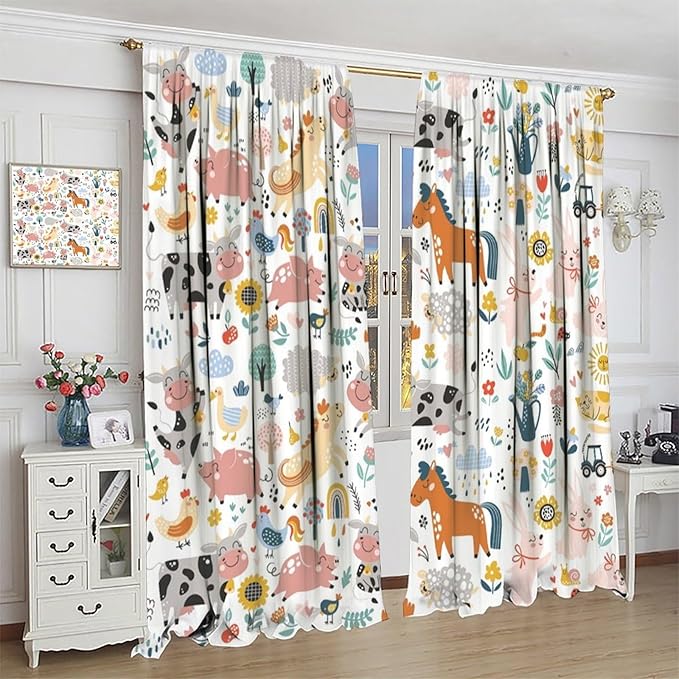 Farm Animal Curtains for Kids, Cartoon Cute Wild Animal Window Treatments Woodland Farmhouse Cow Horse Pig Window Drapes for Girls Boys Nursery Toddler Bedroom 42x54in