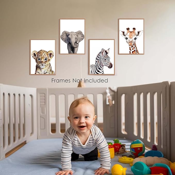 XZMBQ Safari Nursery Wall Decor Set of 4 - Baby Animal Wall Art Prints - Nursery Decorations - Cute Decor for Baby Room - Decor Gifts for Newborn, Housewarming, etc. (12”x16”, Unframed)(026)