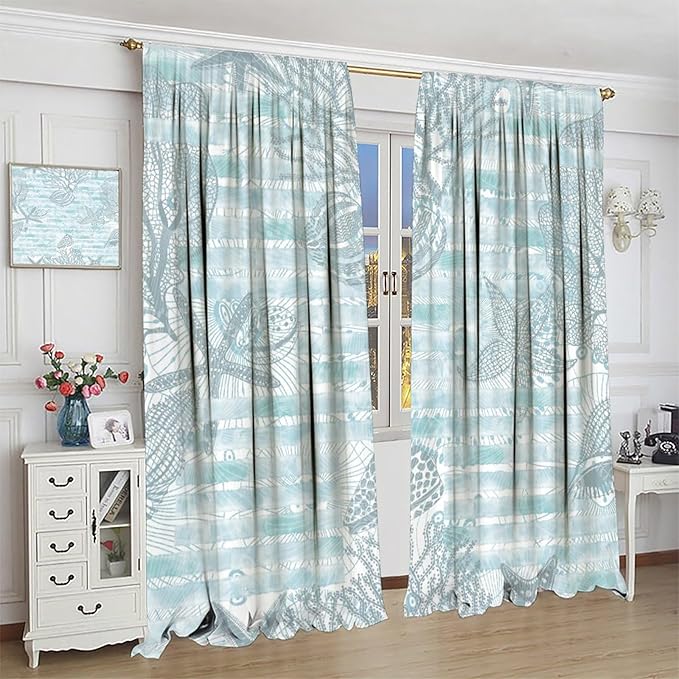Starfish Curtains，Starfish and Seashells Coastal Curtain Ocean Themed Underwater Marine Decor Waterproof Fabric Curtain Set 2 Panels,42x45 Inches