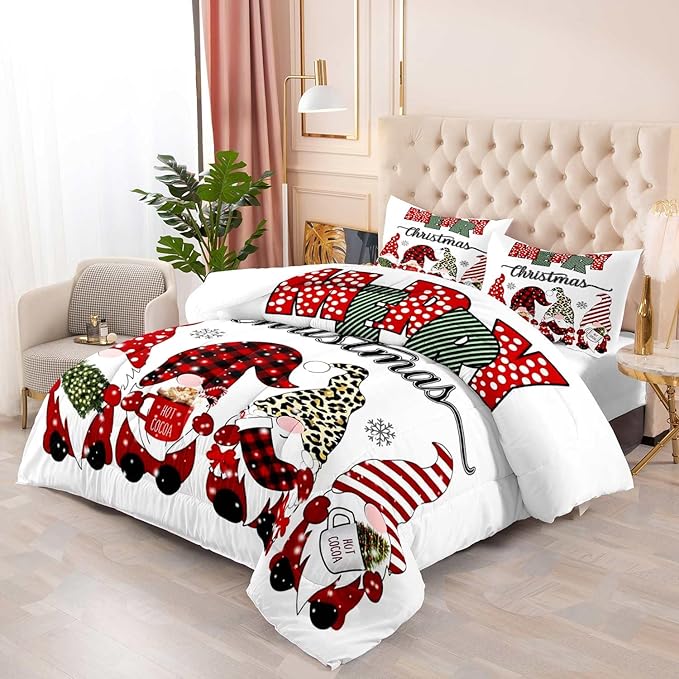 LUVIVIHOME 3PCS Merry Christmas Comforter Set Full Size, Cute Gnome Bedding, Red Buffalo Plaid Striped Holiday New Year Xmas Bedding, Boys Girls Teens Kids Bedroom Decor, White Quilt, 2 Pillow Cases