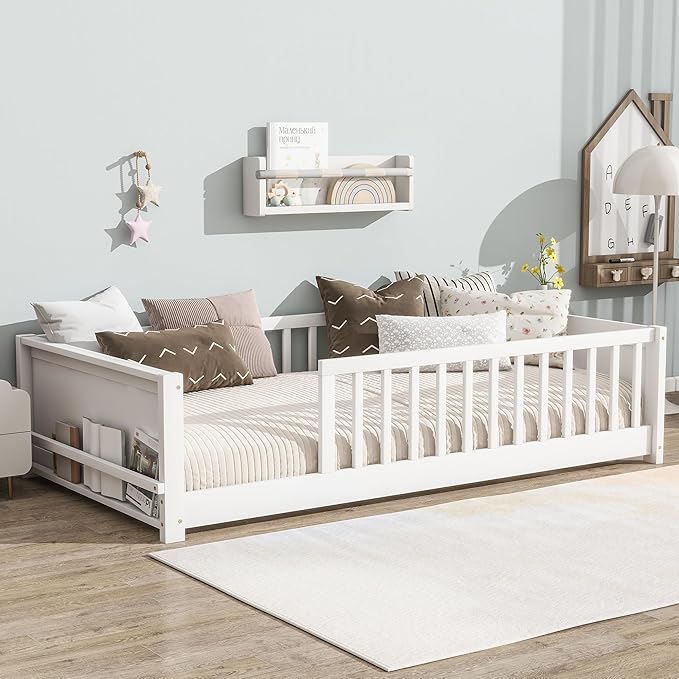 Twin Size Kids Montessori Floor Bed,Twin Floor Bed Frame with Slats and Bookcase,Solid Wood Montessori Bed for Girls Boys,White