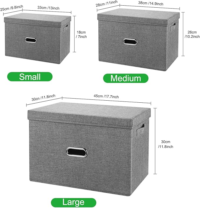 Large Linen Collapsible Storage Bins with Removable Lids and Handles, Washable Storage Box Containers Baskets Cube with Cover for Bedroom,Closet,Office,Living Room,Nursery (Khaki, Large)