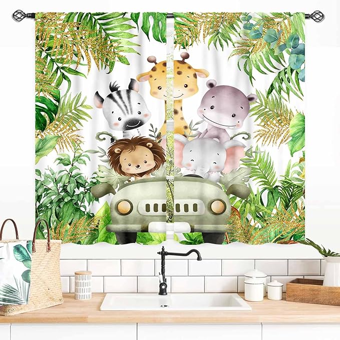 Jungle Safari Animals Curtains, Cartoon Animals Lion Giraffe Elephant Woodland Tropical Leaf Green Window Drapery for Kids Boys Girls Baby Living Room Bedroom Nursery 2 Panels, 55x39 Inch