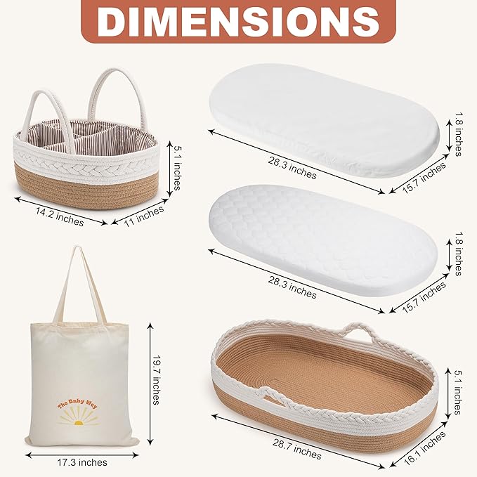 Baby Changing Basket by The Baby Wey, Moses Basket, Foam Basket Pad, 2 Washable Waterproof Pad Covers, Matching Diaper Caddy, Cloth Tote Bag for Traveling, Portable Changing Pad