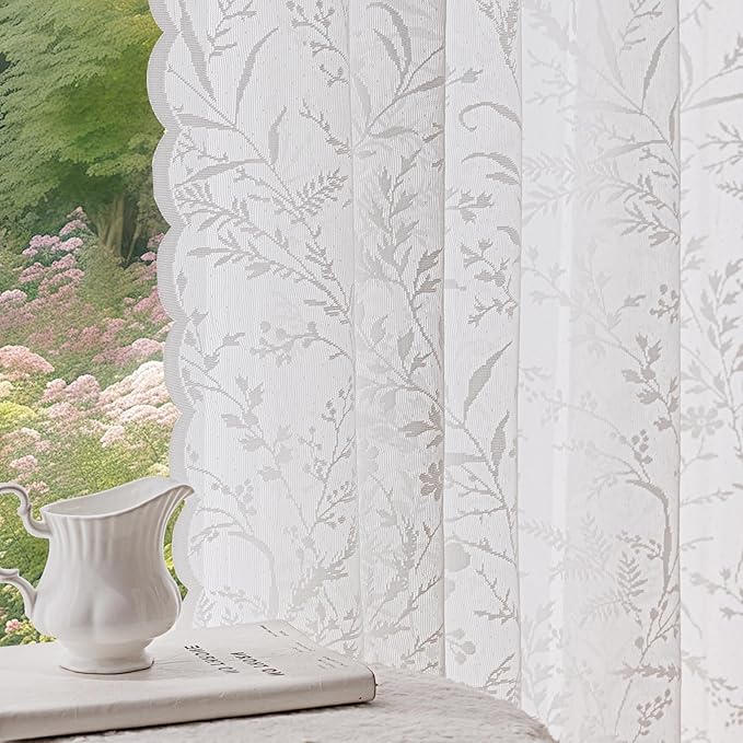 Anmao Vintage Lace Curtains 72 Inches Long 2 Panels Set, Romantic Elegant Light Filtering Semi Sheer Floral Thick Lacy Curtain Drapes for Living Room and Bedroom, Each Panel 55W x 72L, White Leaves