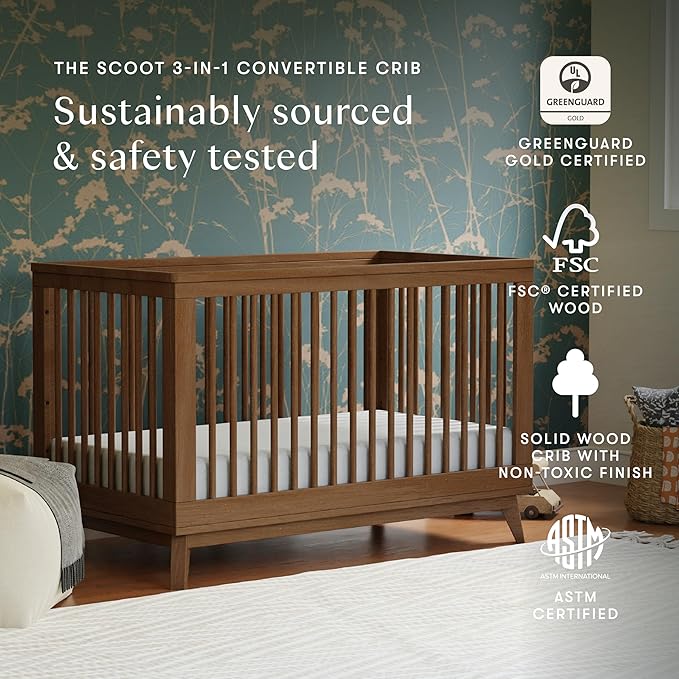 Babyletto Scoot 3-in-1 Baby Crib Convertible to Wooden Toddler Bed, Daybed - GREENGUARD Gold Certified - Easy Assembly, Made of 100% Solid Wood - Includes Toddler Conversion Kit - Walnut