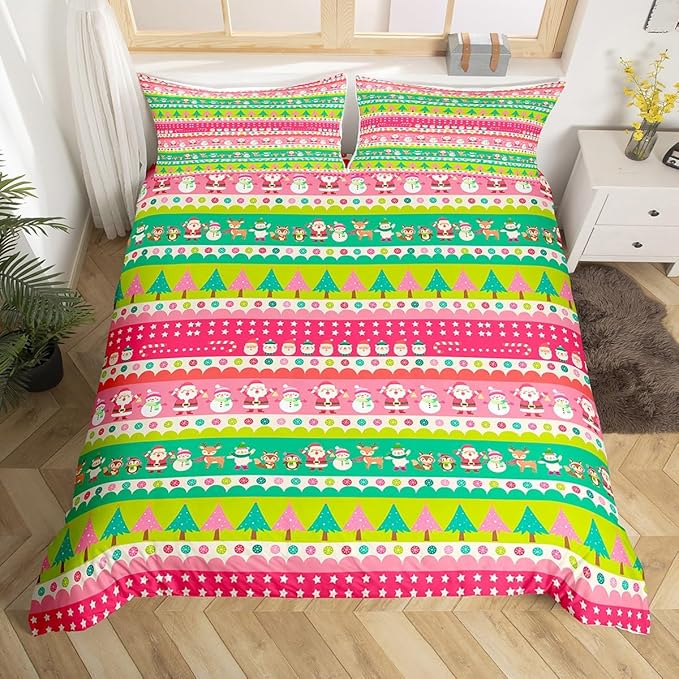 Christmas Bedding Set Cute Fox Santa Claus Polar Bear Comforter Cover for Kids Boys Girls Teens Christmas Tree Duvet Cover Breathable Pink Dots Stripe Bedspread Cover Room Decor Quilt Cover Twin Size