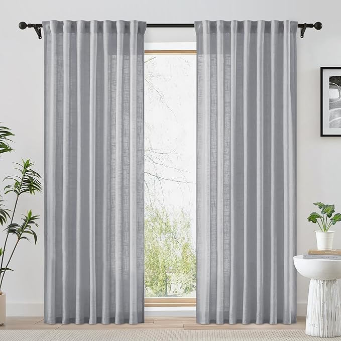 FMFUNCTEX Linen Semi Sheer Curtains 108 Inches Long for Living Room, Grey Pinch Pleated Curtains for Bedroom, Light Filtering Extra Long Farmhouse Window Drapes Rod Pocket Back Tab 2 Panels Set
