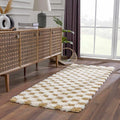Hauteloom Atira Contemporary Checkered Fluffy Shag Runner Rug - Modern Geometric Carpet Tiles for Hallway, Kids Room - Plush Pile Carpet Squares - Light Mustard,Cream - 2'7" x 10'