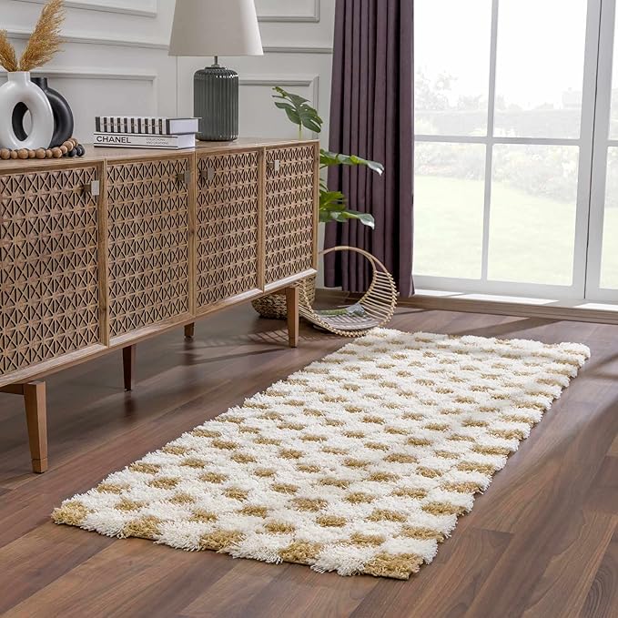 BoutiqueRugs Atira Mustard Checkered Shag Area Rug - Light Mustard, Cream - 18" x 18" Sample