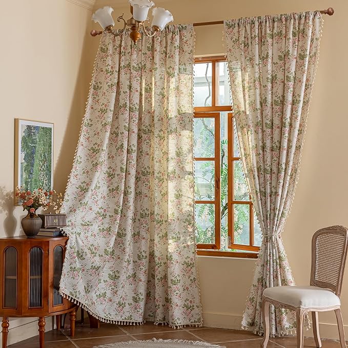 ENJOYBRIDAL Pink Floral Curtains 84 Inches Long Bedroom Semi Sheer Drapes Floor Length Living Room Farmhouse Boho Window Curtains 2 Panel Sets Dining Room Decor Rod Pocket Tassel Window Treatments