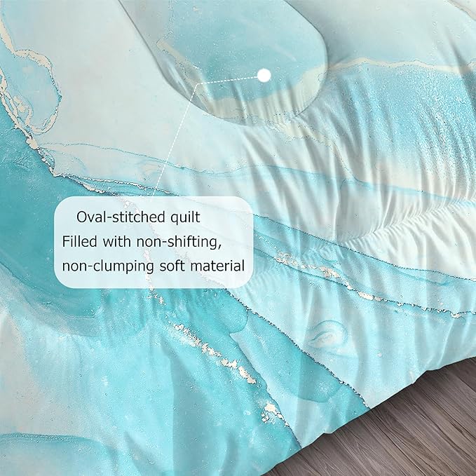 Comforter Set Blue Marble: King Size Aqua Blue Bedding Sets for Women Girls Teens Bedroom Luxury Silver Glitter Quilt Abstract Marbling Bed Set 1 Comforter & 2 Pillowcases