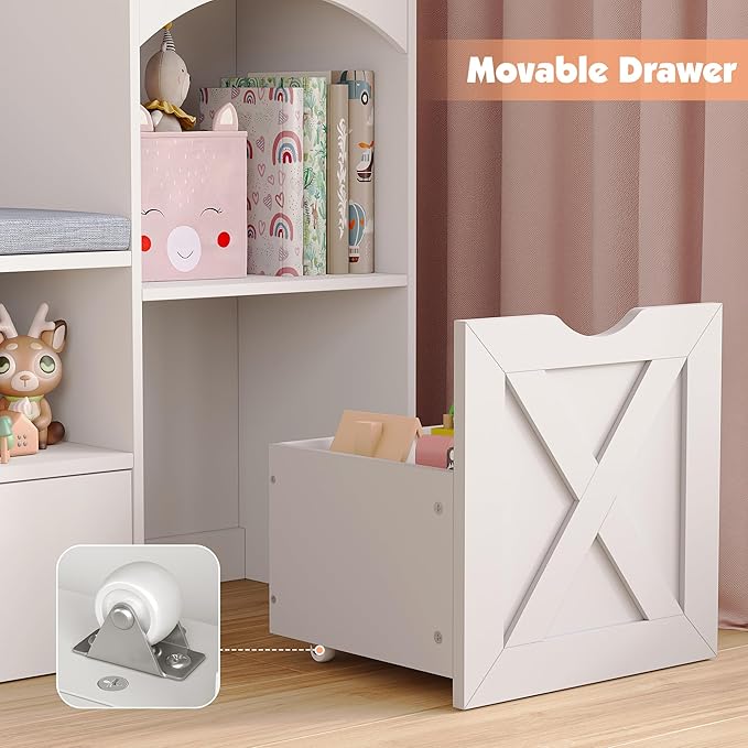 Vabches 54.3’’ Kids Bookshelf with Reading Nook, Toy Storage Organizer with Seat Cushion, LED Lights and 3 Movable Drawers, Castle-Shaped Bookcase with Bench for Playroom, Nursery, Bedroom (White)