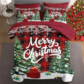 7 Pcs Queen Size Christmas Comforter Set with 2 Pillowcases & 2 Shams, Green Cartoon Trees Bedding for Kids and Adults, Black Red Plaid Bed in a Bag with Flat Fitted Sheet