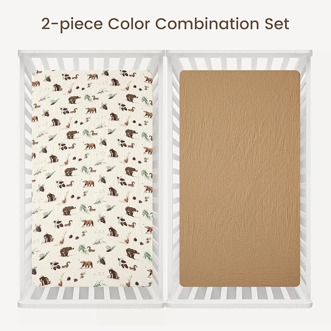 david's kids Muslin Crib Sheets for Boys, 2 Pack 100% Cotton Soft Breathable Fitted Baby Sheet Set, Standard 52"x28" Crib and Toddler Mattress, Woodland Animal