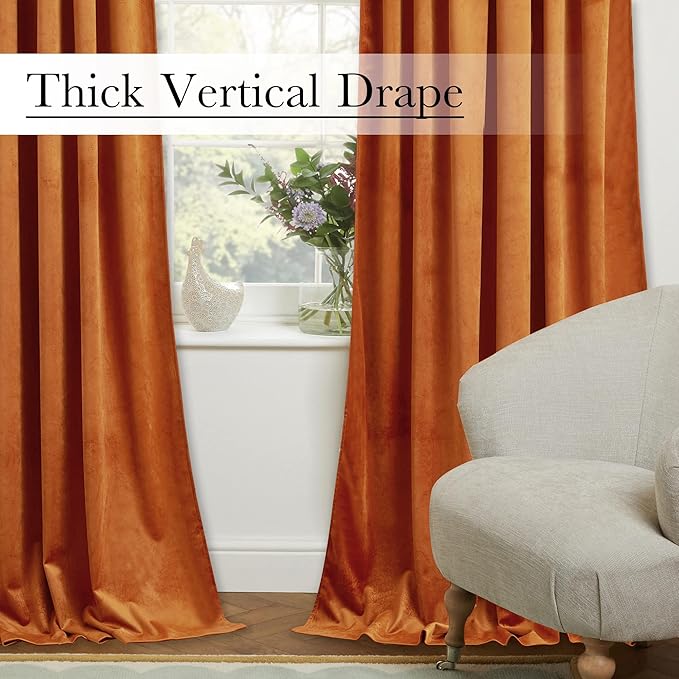 StangH Velvet Curtains 108 inches Long - Orange Room Darkening Thermal Insulated Living Room Drapes Back Tab Privacy Backdrop Curtains for Holiday Decor, W52 x L108, 2 Panels