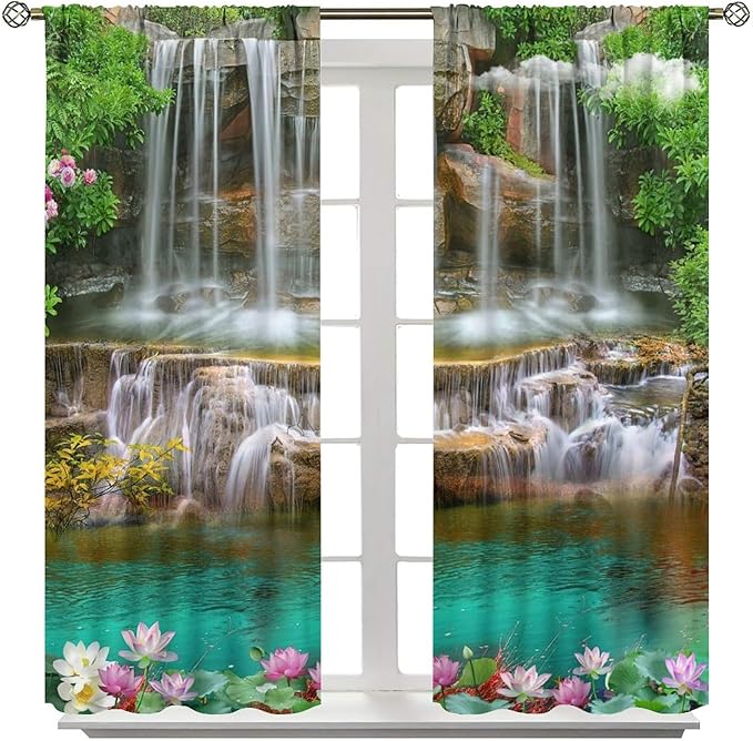 Waterfall Blackout Window Curtains, Rocky Waterfall to Pond Running Off Scenic Nature Themed Picture Print Window Drapes, for Living Room Bedroom 55x63in 2 Panels