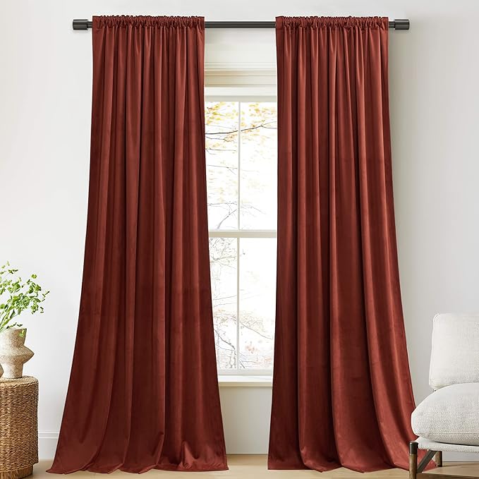 StangH Red Velvet Curtains 108 inches for Living Room, Rust Extra Long Back Tab Home Theater Drapes Room Darkening for Sliding Door/Bedroom, W52 x L108, 2 Panels
