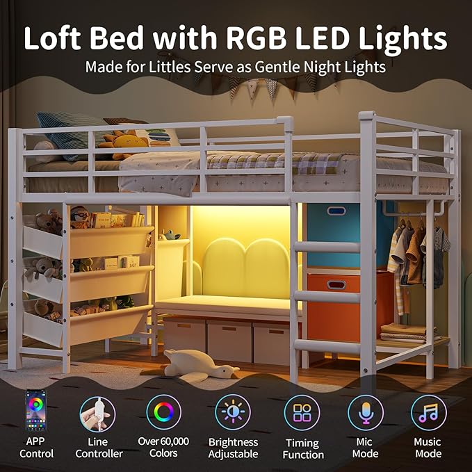 DICTAC Low Loft Bed Twin Size with Reading Corner Metal Twin Loft Bed with LED Lights,Sling Drawers and Bookshelf,loft Bed with Storage Basket and Bins,13.98" H Safety Guardrail and Stairs,White