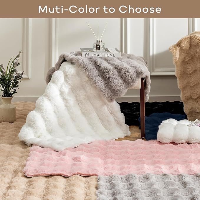 Ashler Faux Rabbit Fur Rug - Beige 4x6 FT Fluffy Soft Area Carpet, Rectangle Fuzzy for Living Room, Bedroom, Machine Washable Shaggy Nursery - 3D Bubble